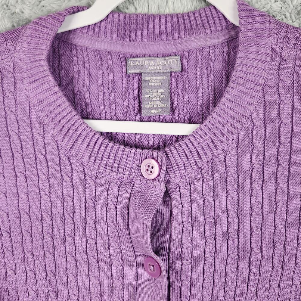 Vintage Laura Scott Sweater Womens Petite Medium Purple Cable Knit Cardigan Y2k